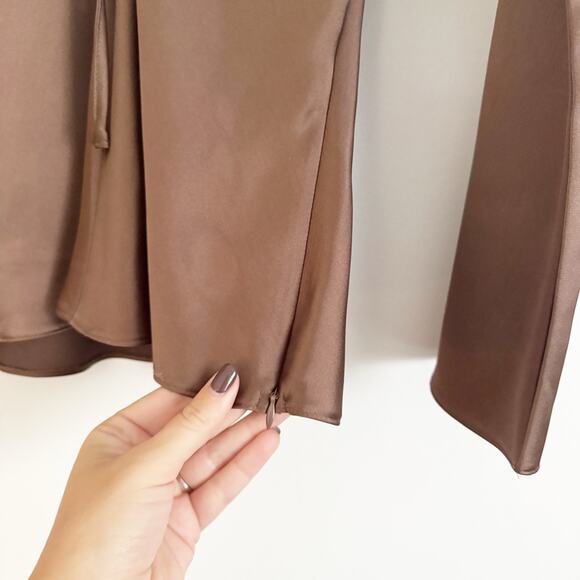 ZARA Satin Effect Tie Front Long Sleeve Blouse Top Brown Small S - Picture 6 of 9